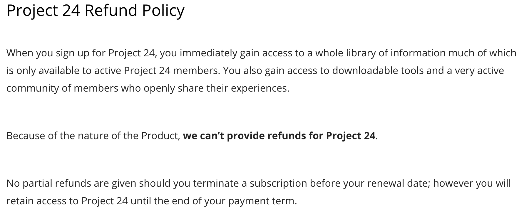 Project 24 refund policy