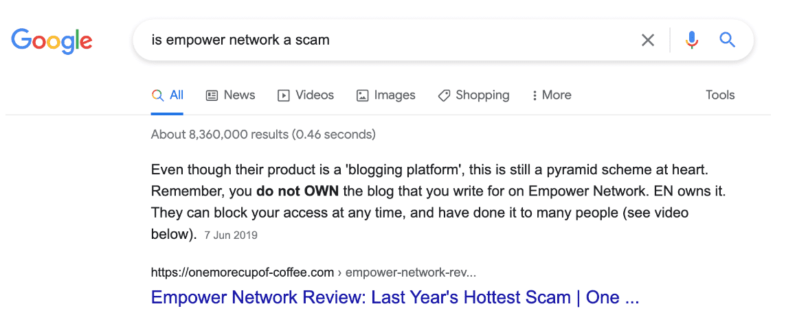 Google search results: Is Empower Network a Scam?