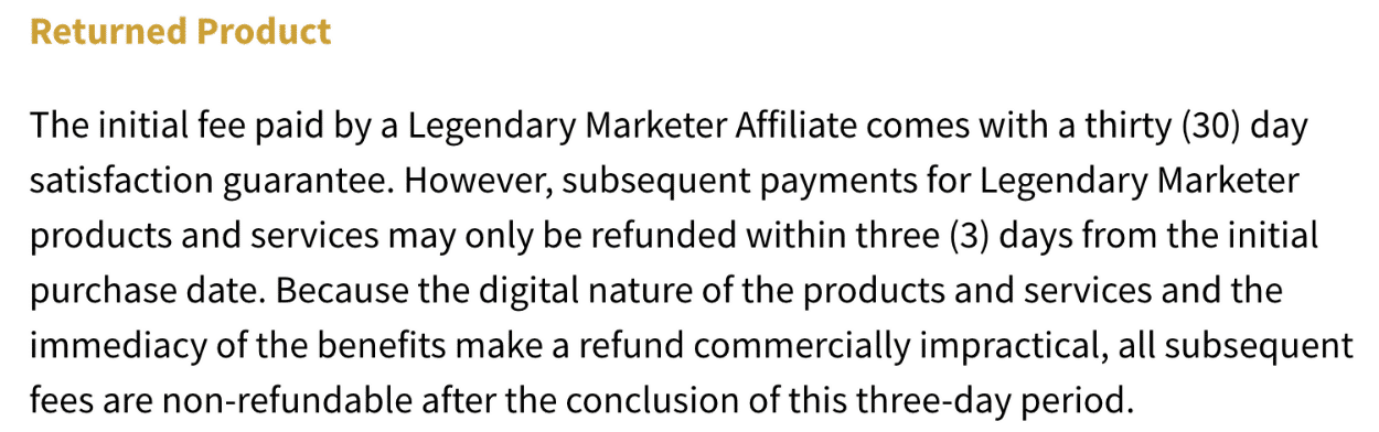 Legendary Marketer refund policy