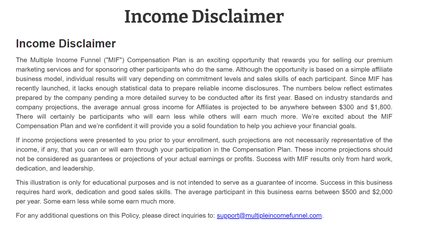 Multiple Income Funnel Disclaimer