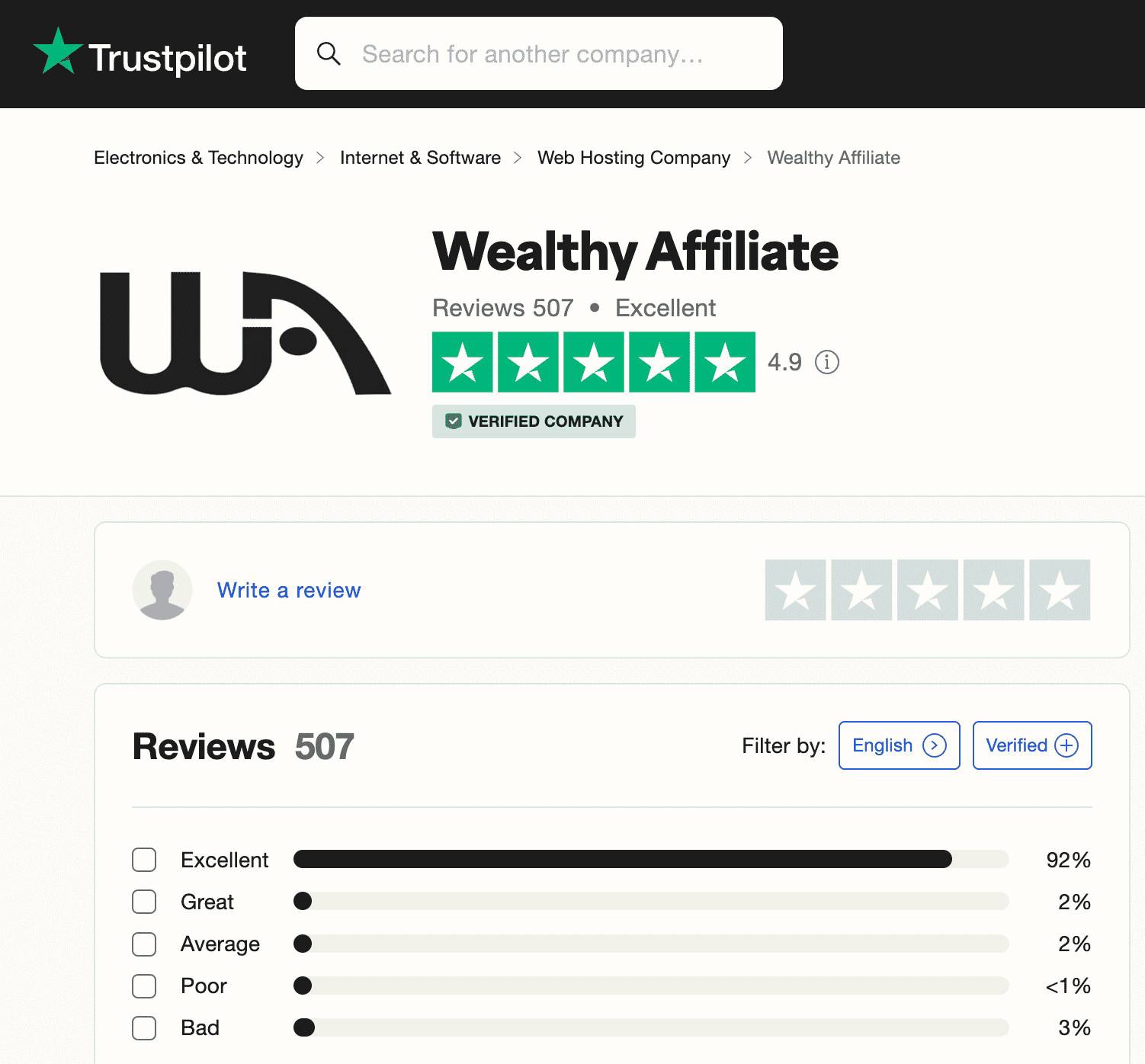 Wealthy Affiliate Trustpilot rating