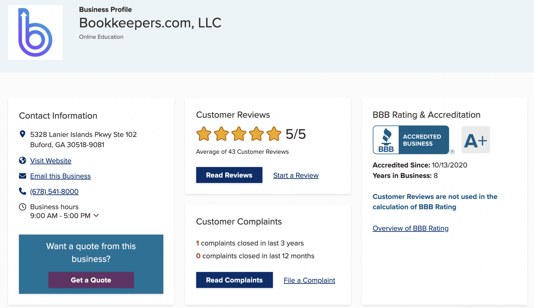 Bookkeepers.com rating on BBB