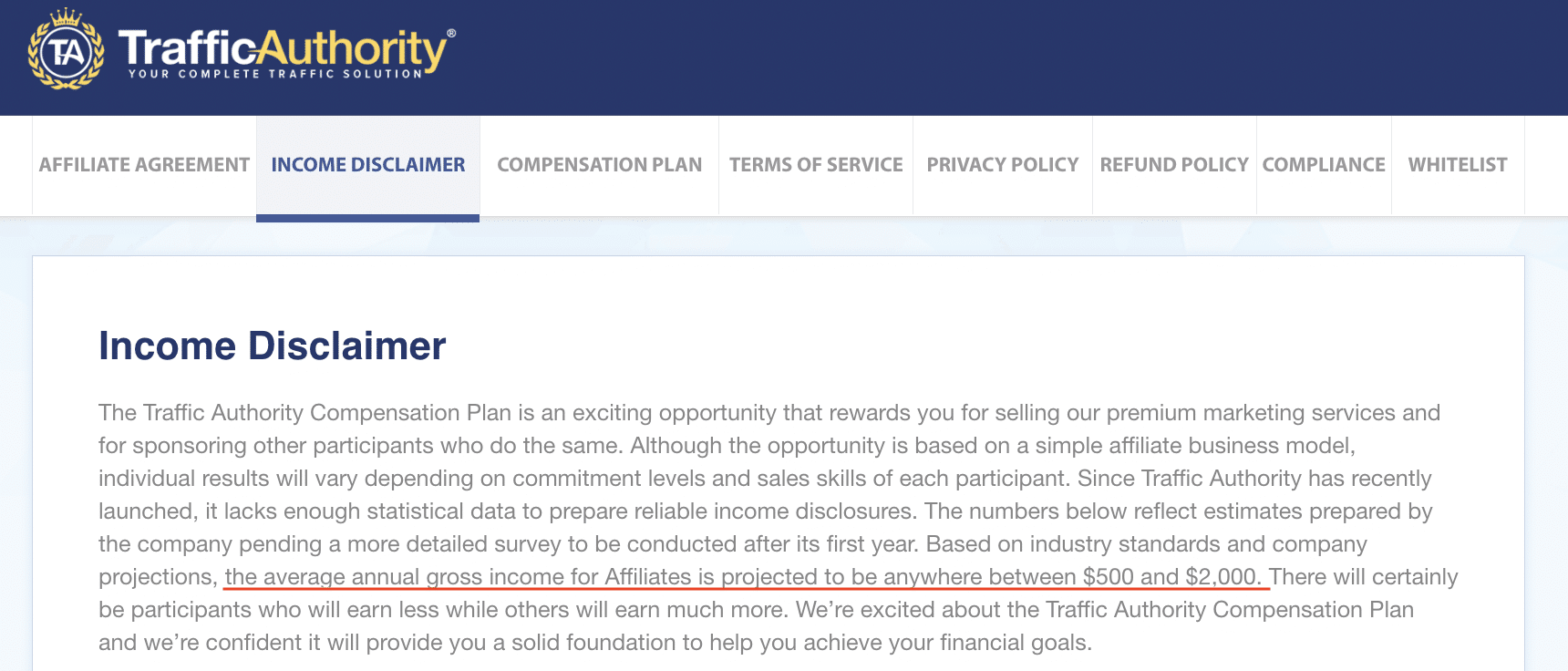 Traffic Authority Income Disclaimer