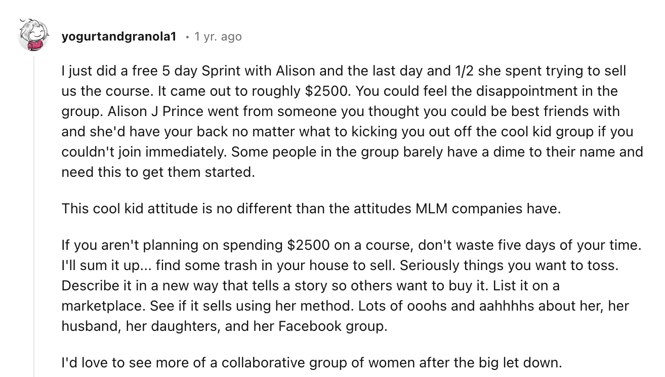Reddit user comment on Alison Prince