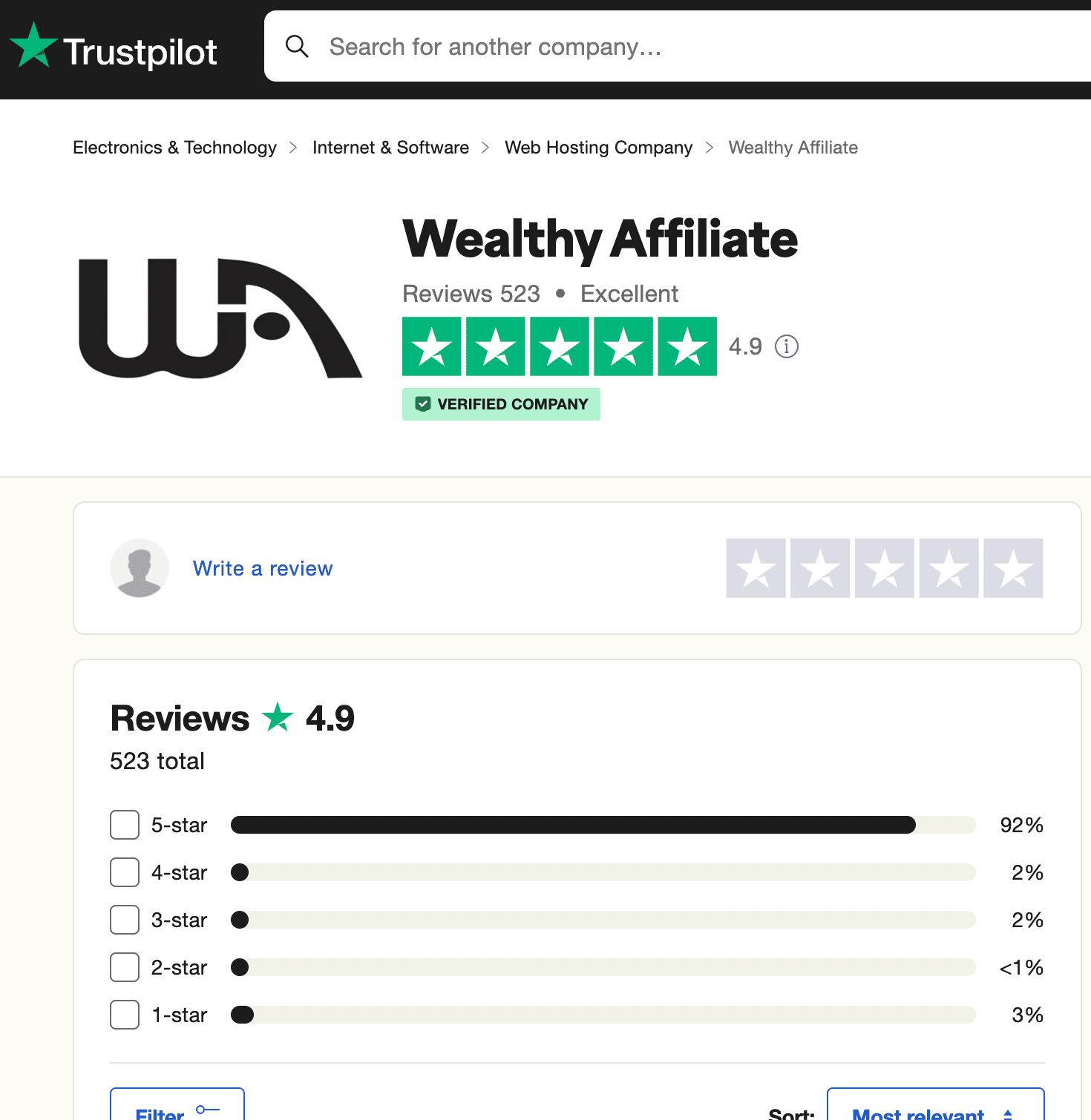 Wealthy Affiliate rating on Trustpilot