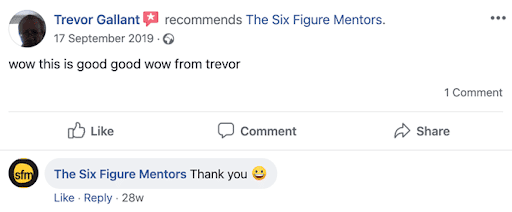 Six Figure Mentors positive comment on Facebook