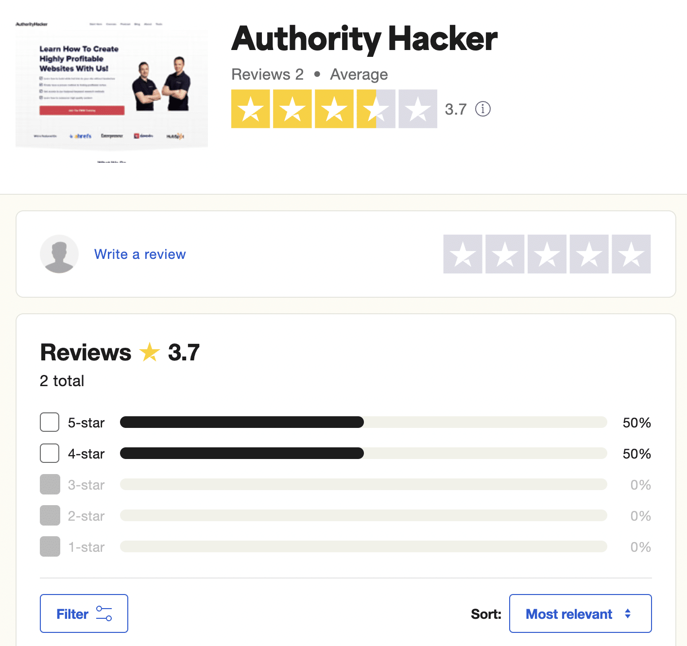 Authority Hacker rating on Trustpilot
