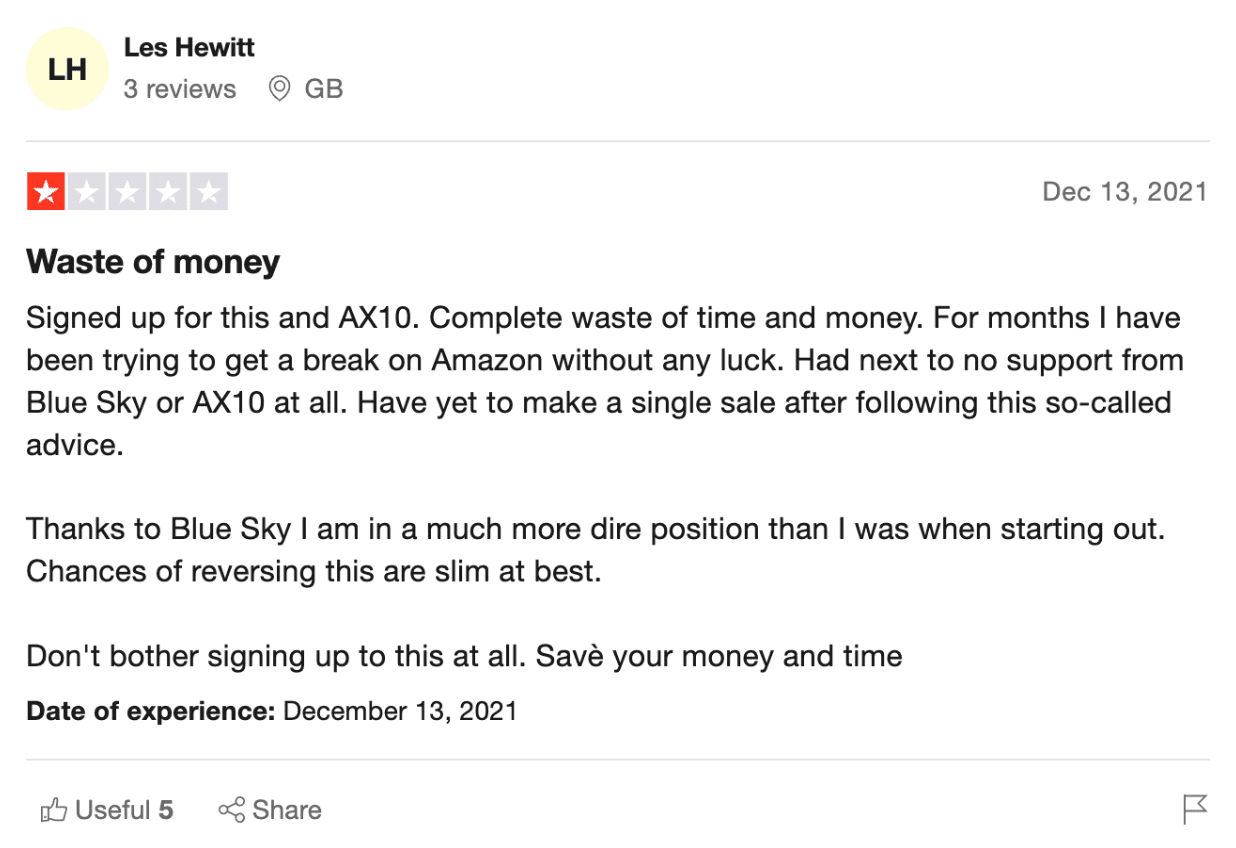 Negative review on Blue Sky Amazon