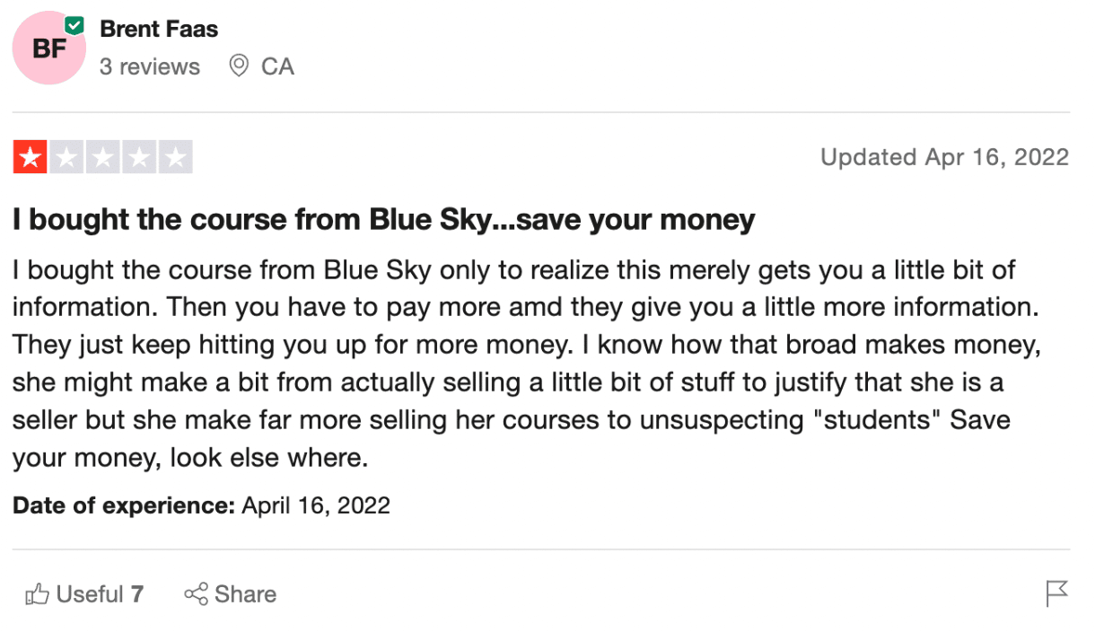 Negative review on Blue Sky Amazon