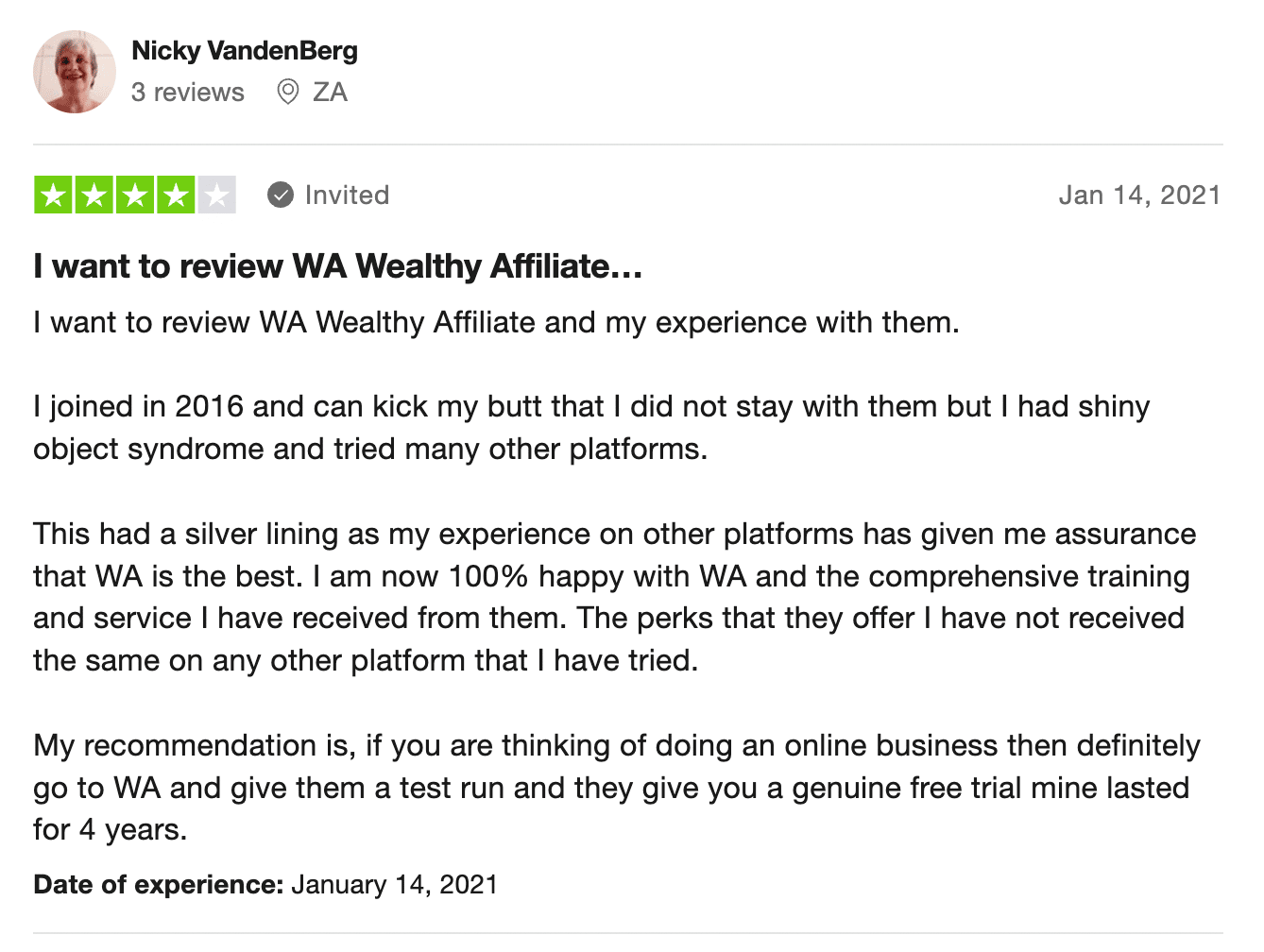 A 4-star review on Wealthy Affiliate