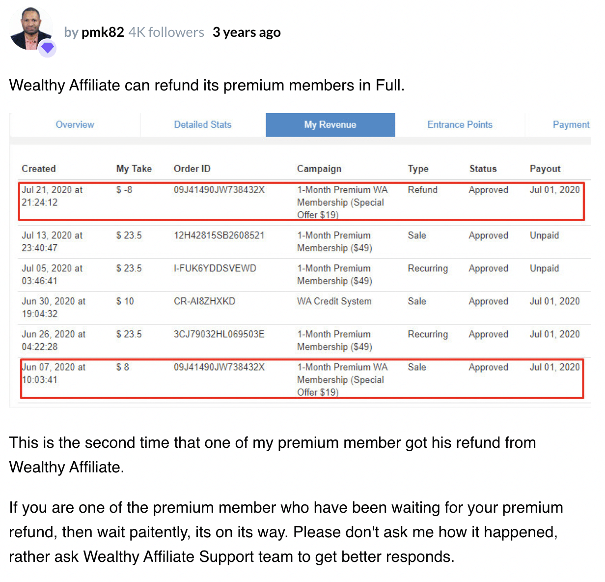 Wealthy Affiliate refund