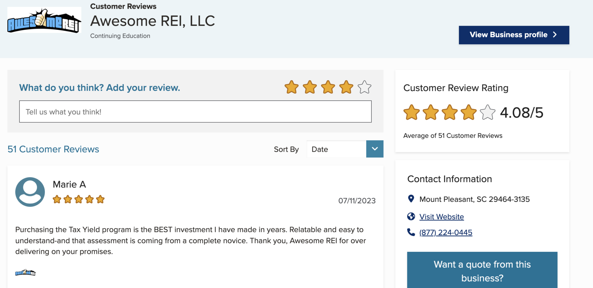 Awesome REI Review on BBB