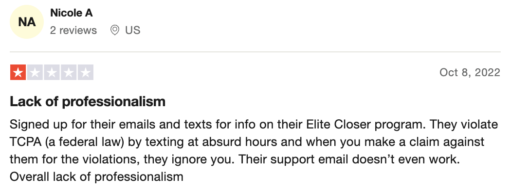 Elite Closers Review on trustpilot 2