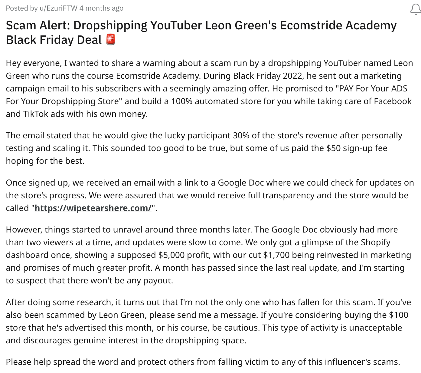 Leon Green’s Ecom Stride Academy Review on reddit