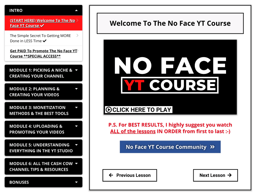 No Face YT Course structure