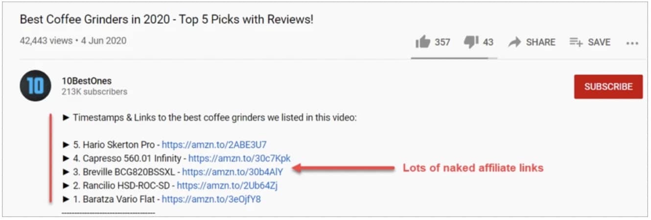 placing naked affiliate links in your video descriptions