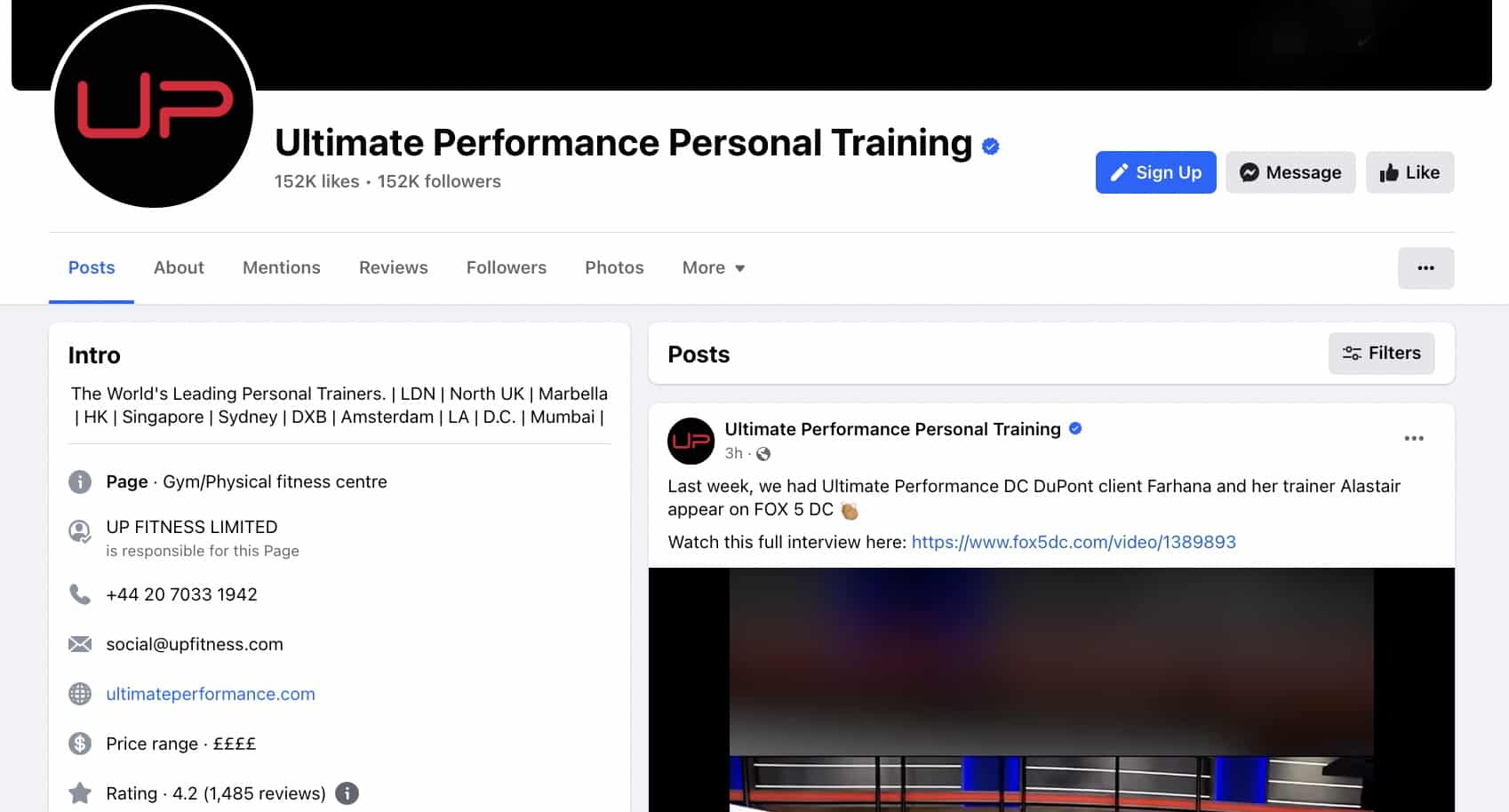 the Facebook page of the personal training company Ultimate Performance