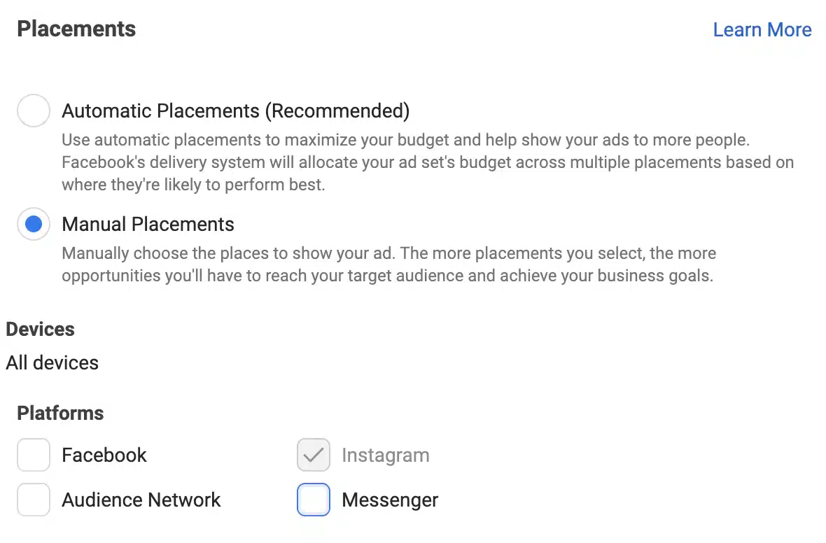 Select your Instagram ad placements