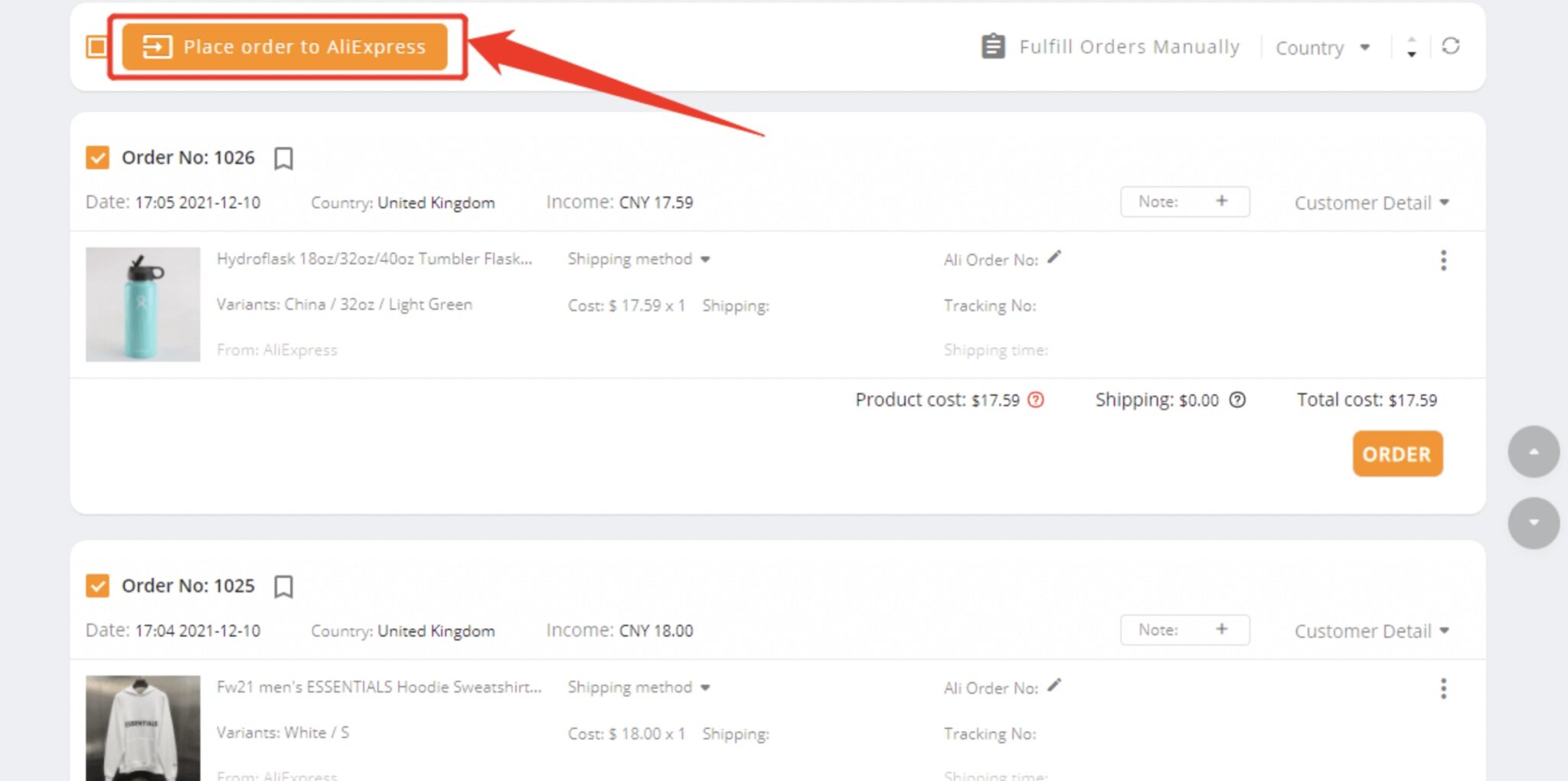 Check the box next to the orders you want to place, then click 'Place order to AliExpress.'