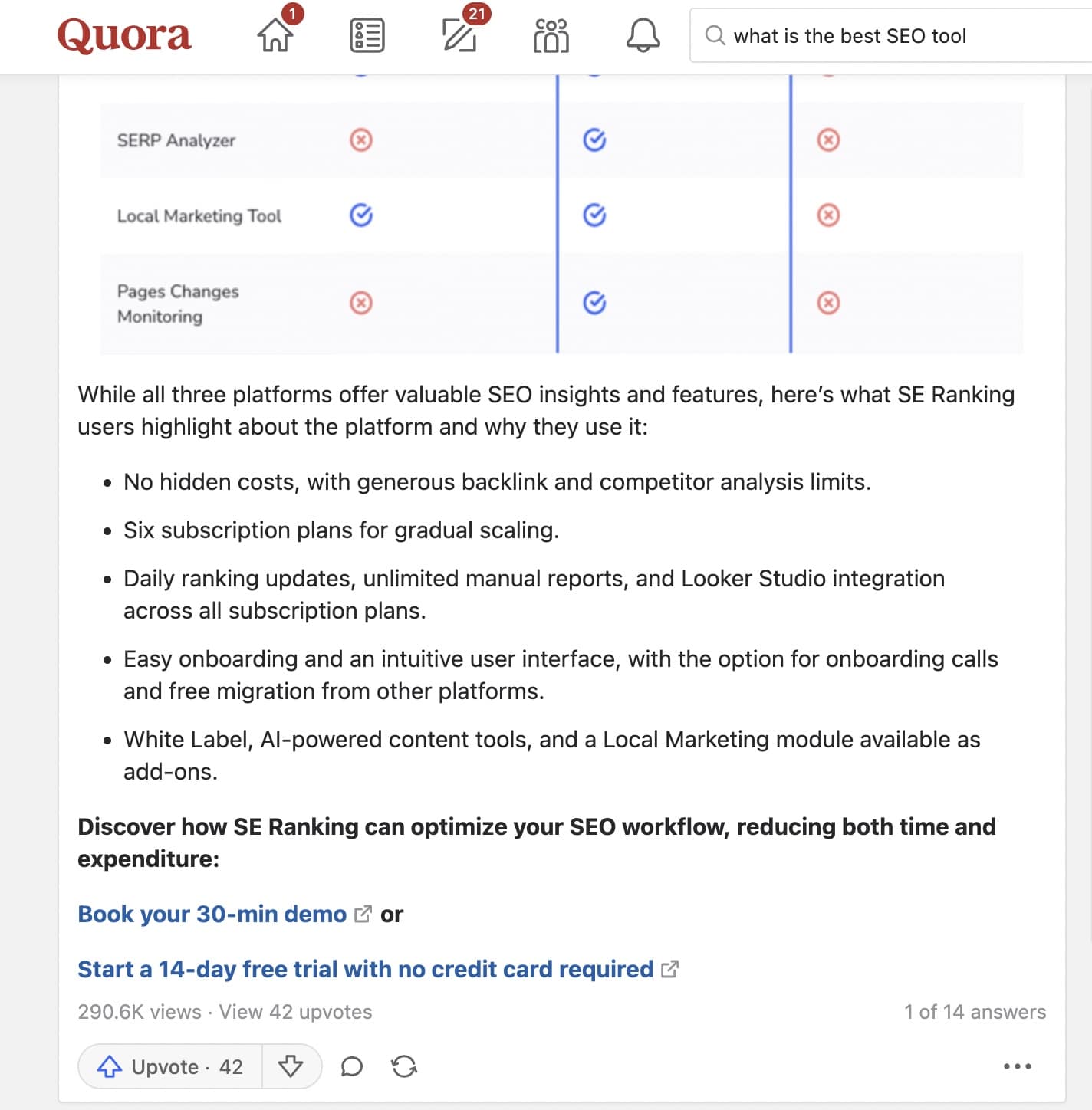 Quora answer on best SEO tool