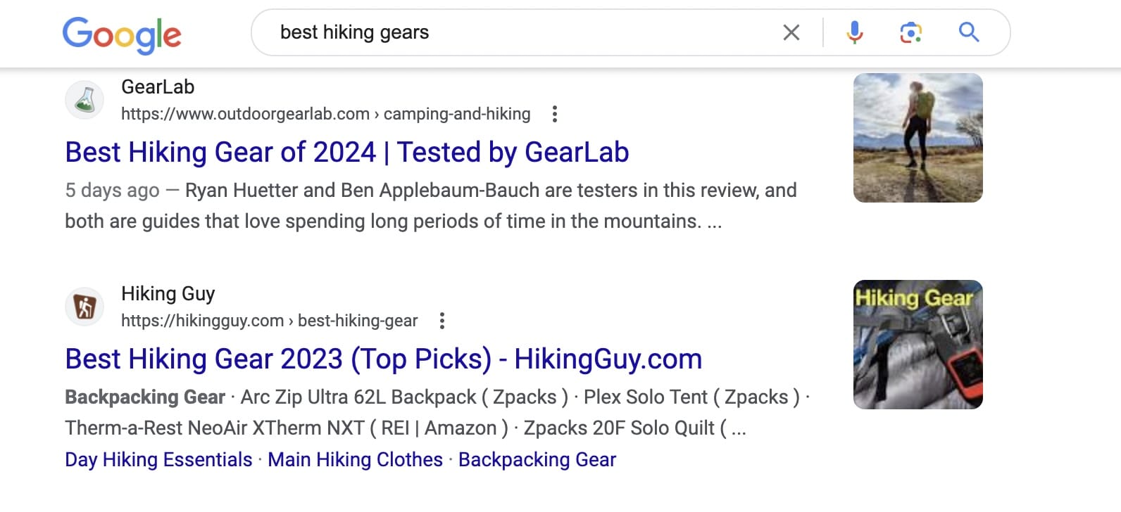 Best hiking gears search results